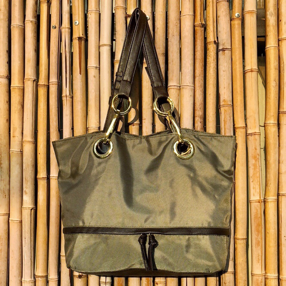 BRACIANO Olive Green Nylon Tote Brown & Gold Trim - Picture 1 of 8